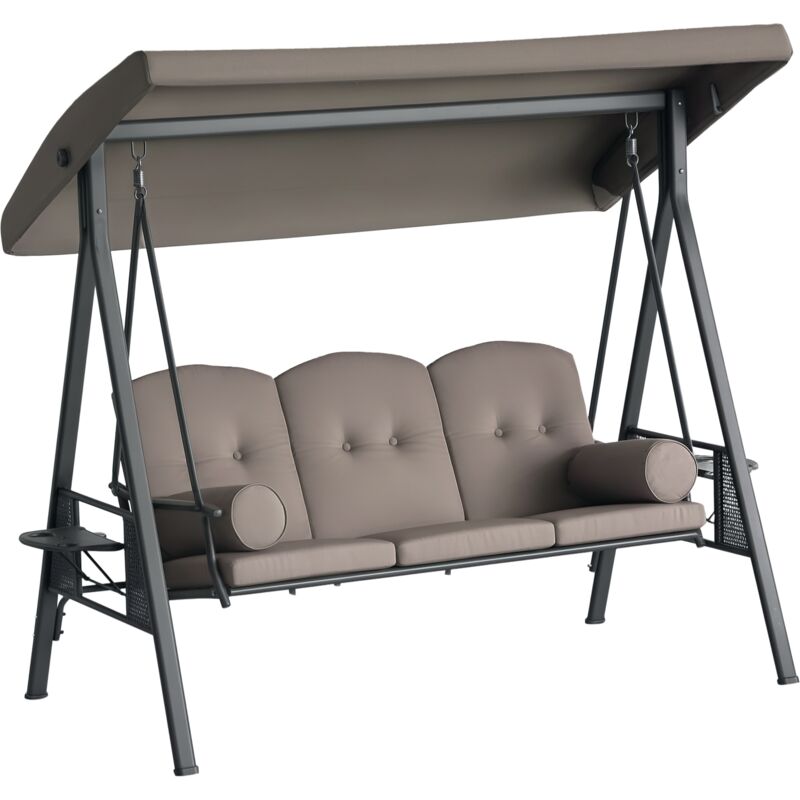 Balancelle de jardin 3 places grand confort toit inclinaison réglable coussins plateaux rétractables polyester filé marron