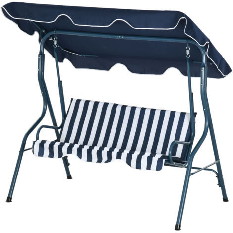 Balancelle de Jardin 3 Places Toit imperméabilisé Inclinaison réglable Coussins Assise Dossier Bleu Blanc rayé