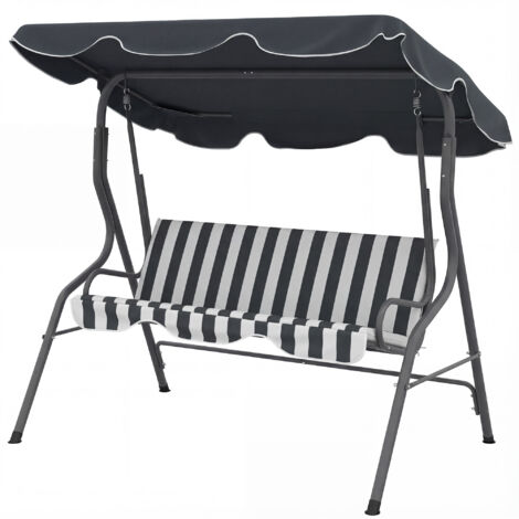 Balancelle de Jardin 3 Places Toit imperméabilisé Inclinaison réglable Coussins Assise Dossier gris, blanc rayé