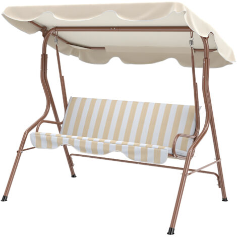 Balancelle de Jardin 3 Places Toit imperméabilisé Inclinaison réglable Coussins Assise Dossier marron, crème rayé