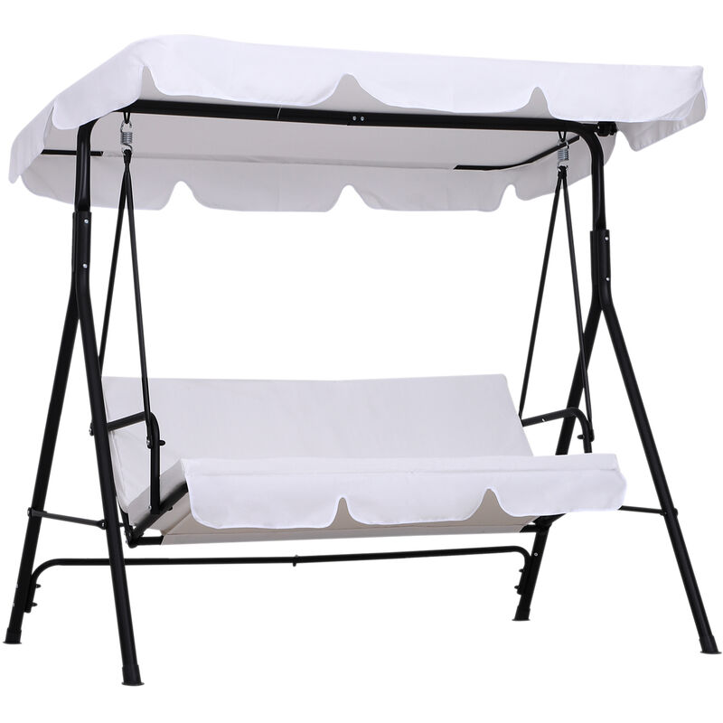 Balancelle de jardin 3 places toit inclinaison réglable coussins assise et dossier 1,72L x 1,1l x 1,52H m acier noir polyester blanc