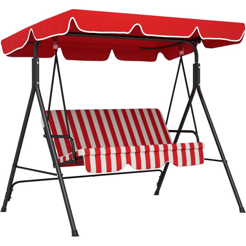 Balancelle de jardin 3 places toit inclinaison réglable coussins assise et dossier 1,72L x 1,1l x 1,52H m acier noir polyester rouge et blanc