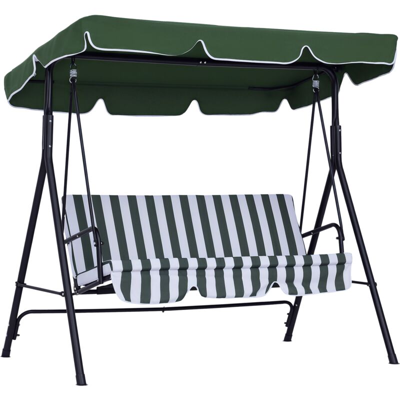 Balancelle de jardin 3 places toit réglable coussins assise dossier acier polyester vert blanc rayé