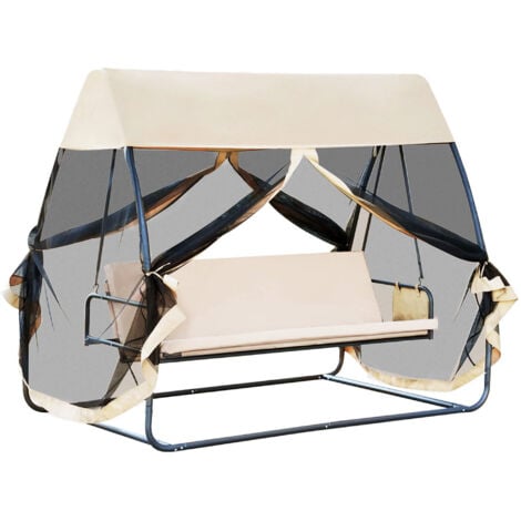 Balancelle de jardin convertible 3 places grand confort : matelas assise dossier, moustiquaire intégrale zippée avec toit, pochette rangement métal époxy polyester beige