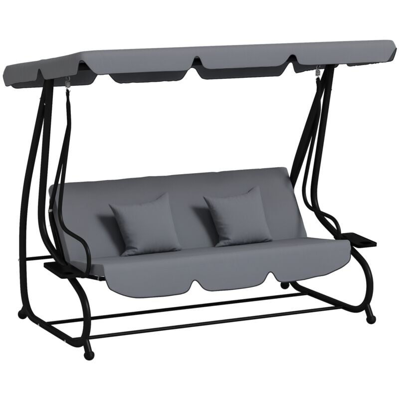 Balancelle de jardin convertible 3 places inclinaison toit réglable 2 tablettes + matelas 2L x 1,2l x 1,64H m métal époxy noir polyester gris