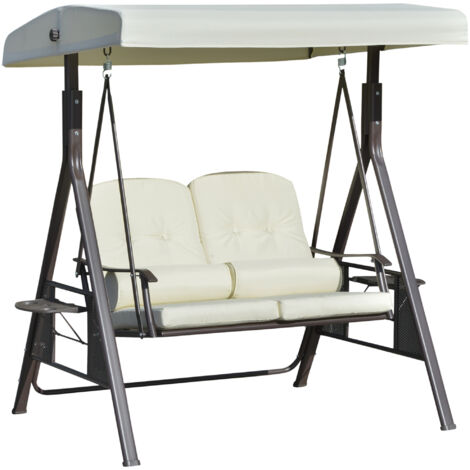 Balancelle de jardin Outsunny 2 places style Hollywood avec auvent, coussins et plateau, structure en métal, revêtement en polyester, beige, 162 x 118 x 173 cm