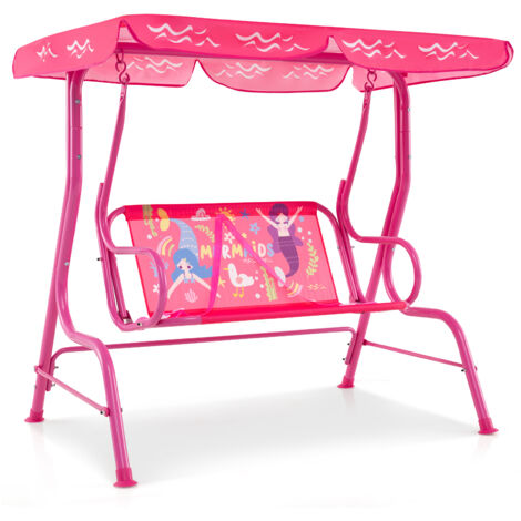 Balancelle de Patio 2 Places pour Enfants 3+ Ans avec Support Métallique, Canopée Ajustable, Ceintures de Sécurité, 112 x 76,5 x 111 cm, Rose
