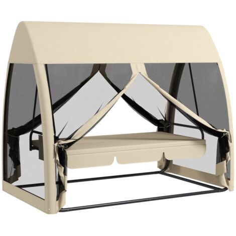 Balancelle de patio 3 places convertible en lit avec moustiquaire en acier couleur café