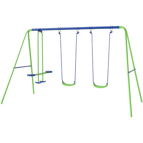 Balancelle Double pour Enfants avec 2 Balançoires Simples en Métal et PE, 280x140x178 cm, Vert et Bleu