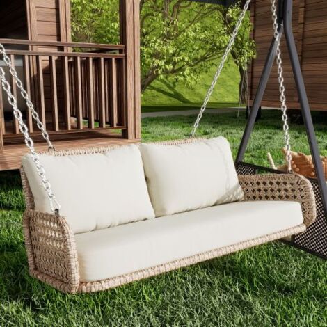 Balancelle double suspendue en rotin PE, pour le jardin, avec coussins et 2 chaînes (240 cm chacune), sans structure, coussins déhoussables et lavables, charge maximale 320 kg, beige