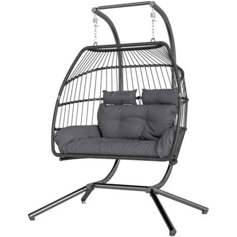 Balancelle suspendue pliante gris foncé 170x100x185 cm – Fauteuil suspendu en polyrotin pour 2 personnes, avec coussin, charge max 260 kg
