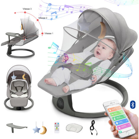Balancelle Transat Bébé Électrique 3 en 1 avec Télécommande, Pédale, Table à manger, 5 Modes balancement, Bluetooth Musique - Gris