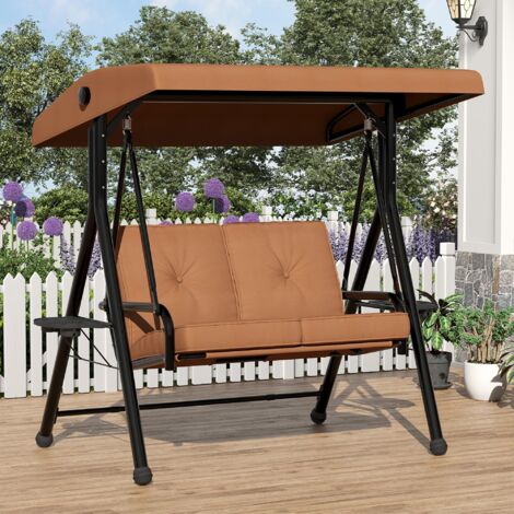 Balançoire 2 places réglable pour l’extérieur, Canopée, coussins épais, armature en fer robuste, pour jardin ou terrasse, marron