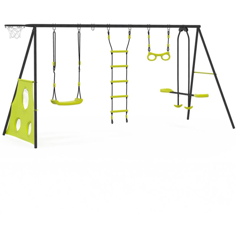 Balançoire 4 agrès portique avec balançoire face à face trapèze échelle panier de basket et buts de foot