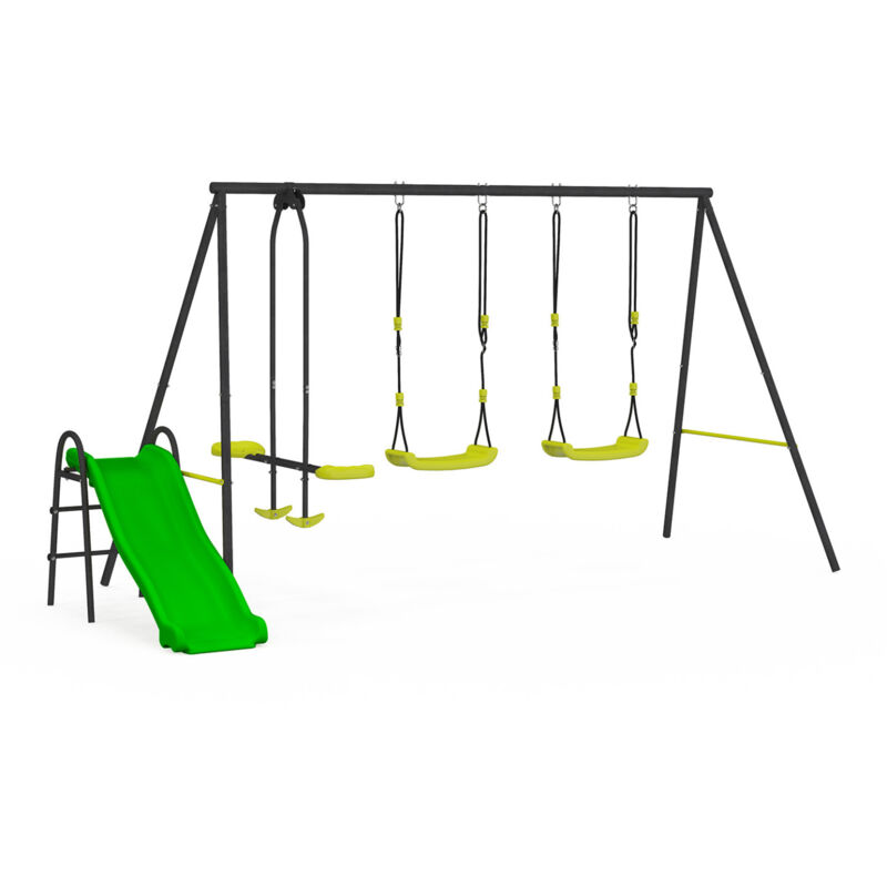 Balançoire 3 agrès portique avec 2 balançoires, 1 face à face et toboggan