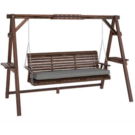 Balançoire 3 places en bois brûlé pour jardin, avec coussin et tablette, supportant jusqu'à 330 kg