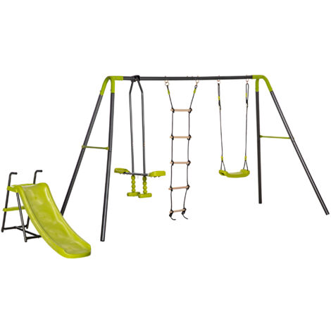 Balançoire 4 agrès portique avec balançoire, échelle, face à face, toboggan acier époxy anthracite PE vert pomme - Gris