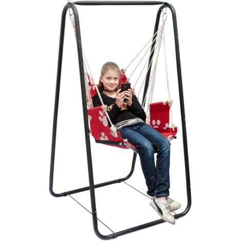 Balançoire complète: chaise + châssis en métal  Pour les enfants et les adultes  Avec accoudoirs et dossier  en nylon rembourrée  pour la maison et le jardin  rouge avec empreintes de chat