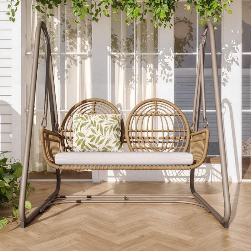 Balançoire de jardin, 2 places, balançoire de porche avec dossier en rotin pe, structure en métal et coussins rembourrés, ensemble de meubles de