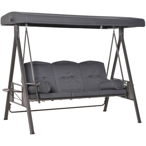 Balançoire de jardin 3 places avec toit réglable, porte-gobelets et coussins, gris 208x120x172 cm