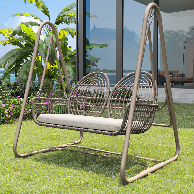 Balançoire de jardin avec dossier, set de meubles pour l'extérieur, en rotin PE, 2 sièges, cadre de siège Taupe et coussin beige