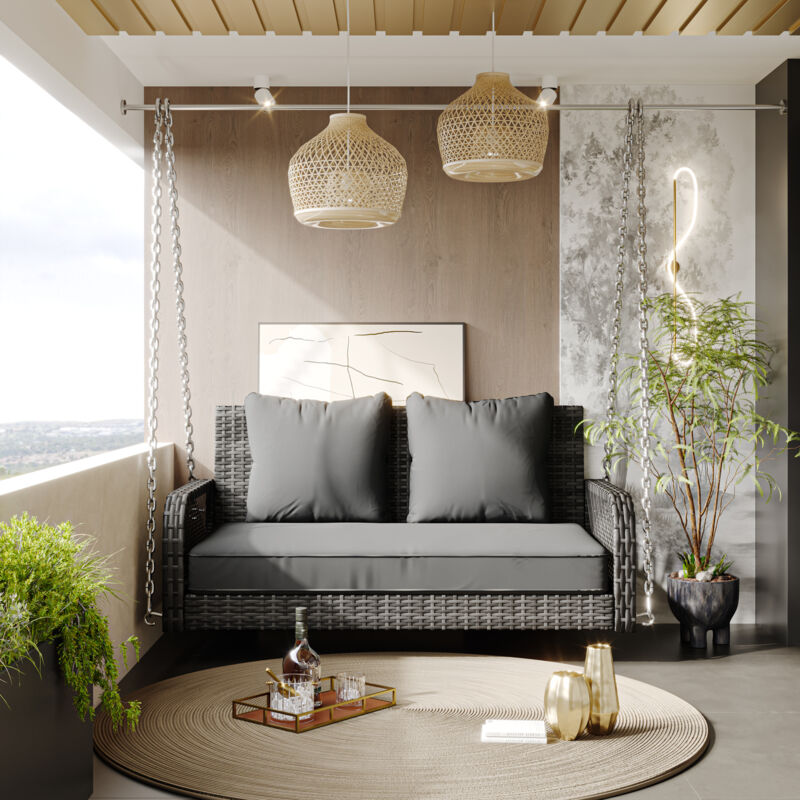 Balançoire de jardin en Rotin,Ensemble de meubles de jardin d'extérieur,Balançoire Hollywood,Amovible et Lavable,114x54x53cm,Gris
