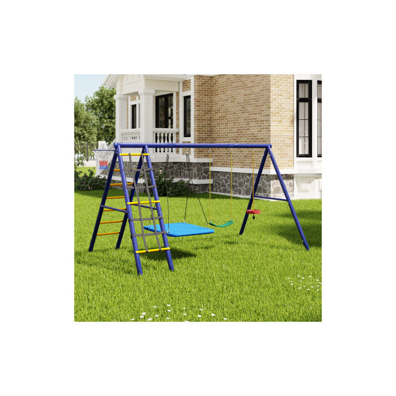 Balançoire d'extérieur pour enfants, 3 balançoires, 1 portique, 1 support de basket-ball, pour enfants de 3 à 8 ans, bleu