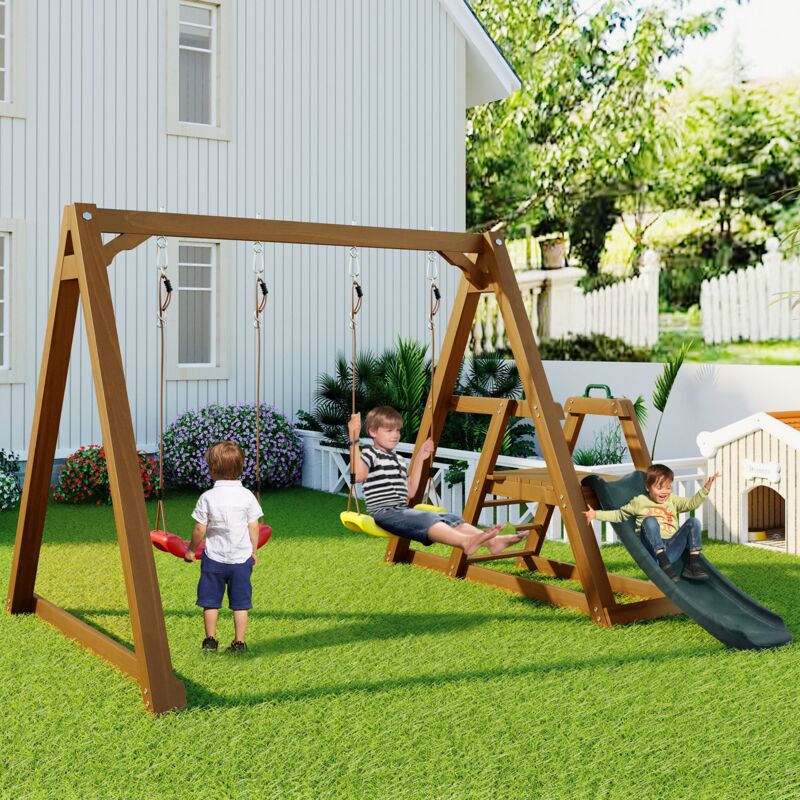 Balançoire double en bois avec toboggan, portique pour enfants, portique avec échelle, balançoire en bois pour enfants