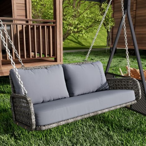 Balançoire double en rotin PE, avec coussin et 2 chaînes (240 cm/pièce), sans cadre，Les coussins sont amovibles et lavables- Gris
