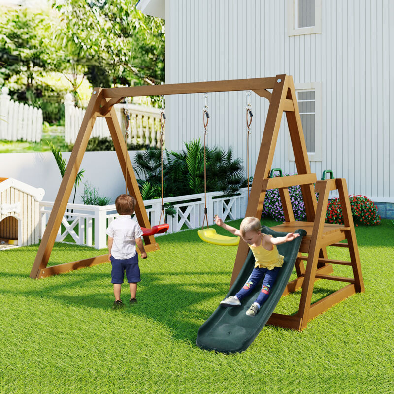 Wishdor - Balançoire double pour enfants avec toboggan et échelle d'escalade, cadre de balançoire extérieur en bois massif, naturel