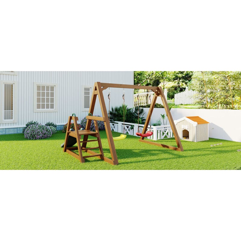 Balançoire double pour enfants, balançoire pour enfants robuste avec toboggan et échelle d'escalade, cadre de balançoire extérieur en bois massif,