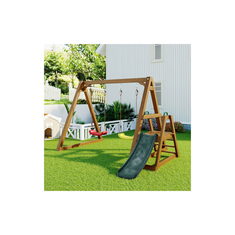 Balançoire double pour enfants, balançoire robuste avec toboggan et échelle d'escalade, en bois massif 238,5x240x168,9