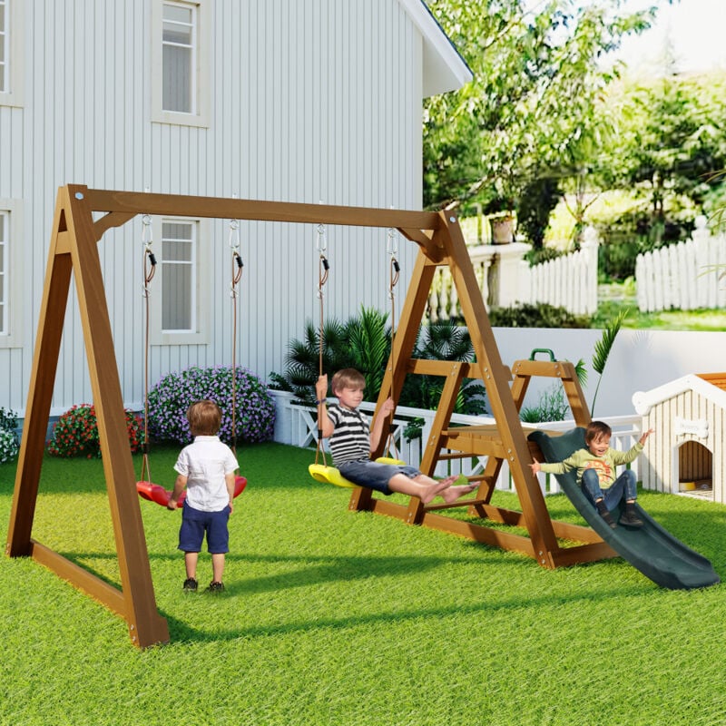 Balançoire double pour enfants, balançoire robuste avec toboggan et échelle d'escalade, portique de balançoire en bois massif, 238,5x240x168,9cm