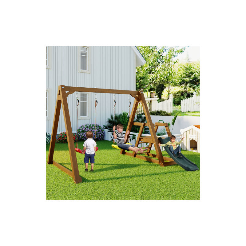 Balançoire double pour enfants, balançoire robuste pour enfants avec toboggan et échelle d'escalade, cadre à bascule extérieur en bois massif,