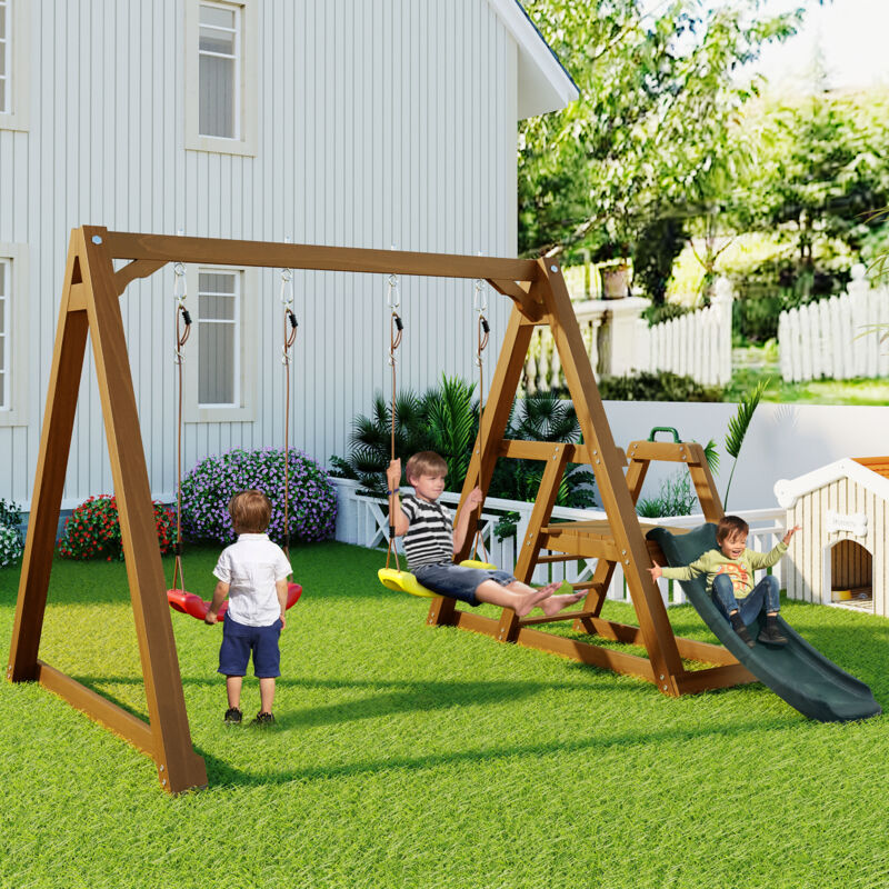 Balançoire double pour enfants, balançoire robuste pour enfants avec toboggan et échelle d'escalade, cadre de balançoire extérieur en bois massif,