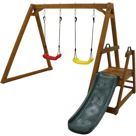 Balançoire double pour enfants, balançoire robuste pour enfants avec toboggan et échelle d'escalade, cadre de balançoire extérieur en bois massif, 238,5x240x168,9cm