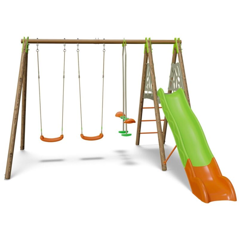 Trigano - Balançoire en bois poutre métal 2,30 m Techwood Premium grigio - 6 enfants