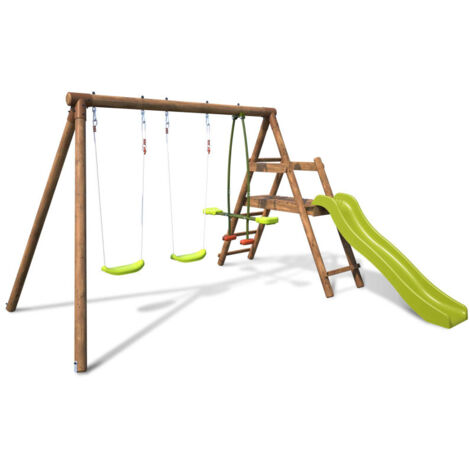Balançoire en bois traité 3 agrès et toboggan Figue