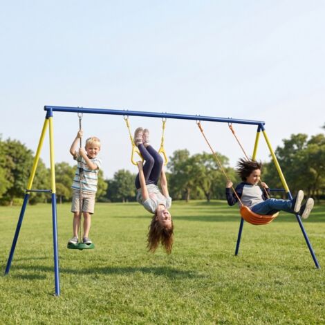 Balançoire enfant 3 en 1 avec siège, balançoire debout et anneaux, structure stable en acier multicolore
