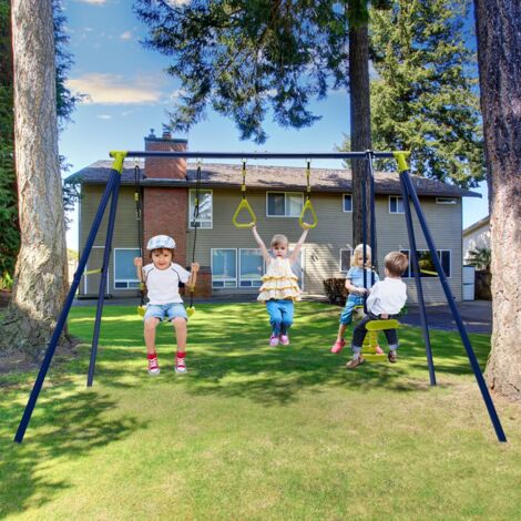 Balançoire Enfants en Métal avec 1 Face à Face et 1 Anneaux de Gymnastique Equipement de Jeu Extérieur avec Cadre en Forme de A Charge 200kg pour Enfants de 3 à 10 Ans DESIGN IN