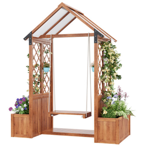 Balançoire extérieure en bois avec jardinières et auvent, arche de jardin avec treillis pour terrasse, cour, jardin