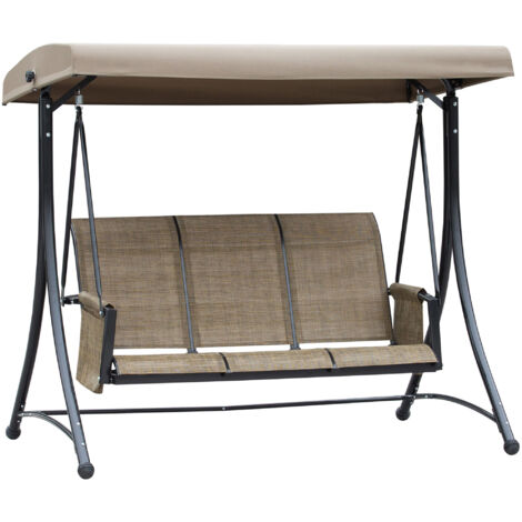 Balançoire Hollywood 3 places avec poche latérale et auvent ajustable,charge 300 kg,dimensions 196x128x172 cm finition marron pour jardin terrasse.