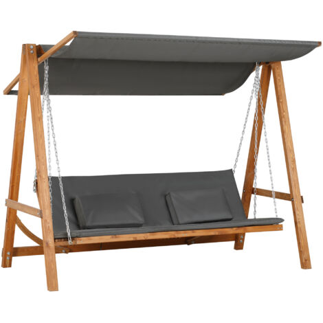 Balançoire Hollywood 3 places fonction lit, bois mélèze avec auvent, capacité 250 kg, 225,5x113x180 cm, gris et teck