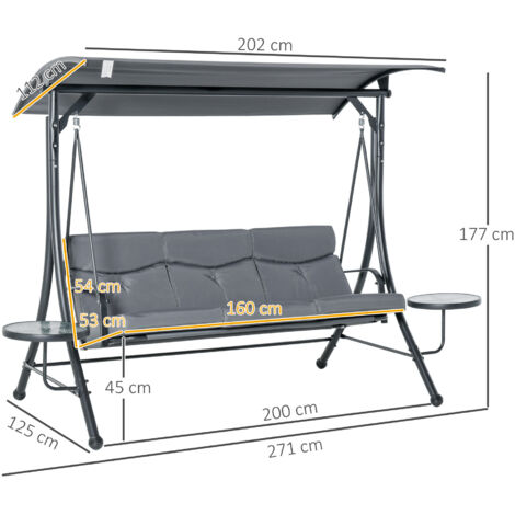 Balançoire Hollywood, balancelle de jardin 3 places, banc suspendu avec pare-soleil réglable et table basse, acier, polyester, gris et noir, 271 x 125 x 172 cm