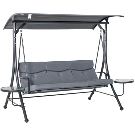 Balançoire Hollywood, balancelle de jardin 3 places, banc suspendu avec pare-soleil réglable et table basse, acier, polyester, gris et noir, 271 x 125 x 177 cm