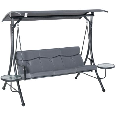 Balançoire Hollywood, balancelle de jardin 3 places, banc suspendu avec pare-soleil réglable et table basse, acier, polyester, gris et noir, 271 x 125 x 177 cm