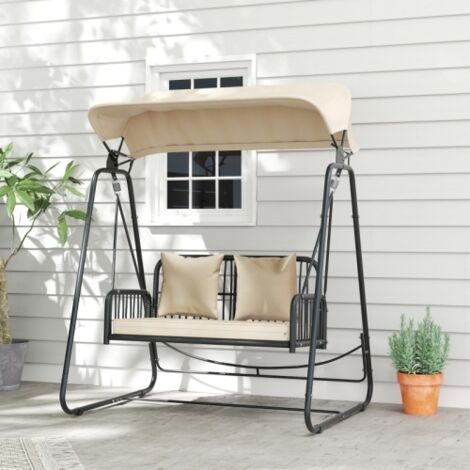 Balançoire Hollywood en rotin, 2 places, avec pare-soleil réglable et coussins, assise suspendue, charge maximale 240 kg, idéale pour jardin ou balcon, 149 x 121 x 180 cm, kaki