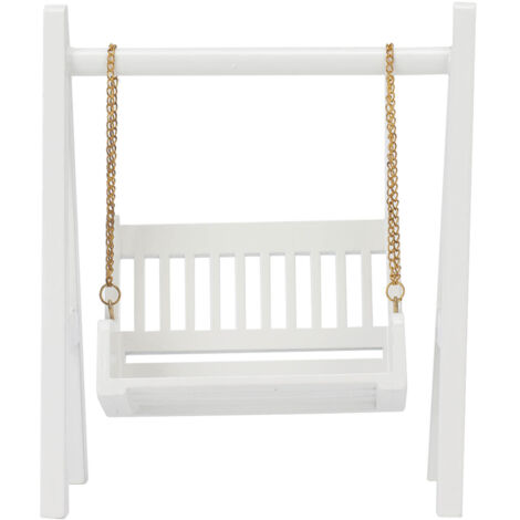 Balançoire miniature 1/12 en bois blanc, chaîne dorée, décoration parfaite pour maison de poupée.