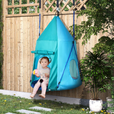 Balançoire nid d'oiseau avec tente amovible Ø 100 cm charge max. 150 Kg corde réglable en hauteur 120 à 180 cm bleu