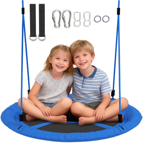 Balançoire nid oiseau 2 enfants cordes réglables hauteur siège rond Ø80 cm bleu